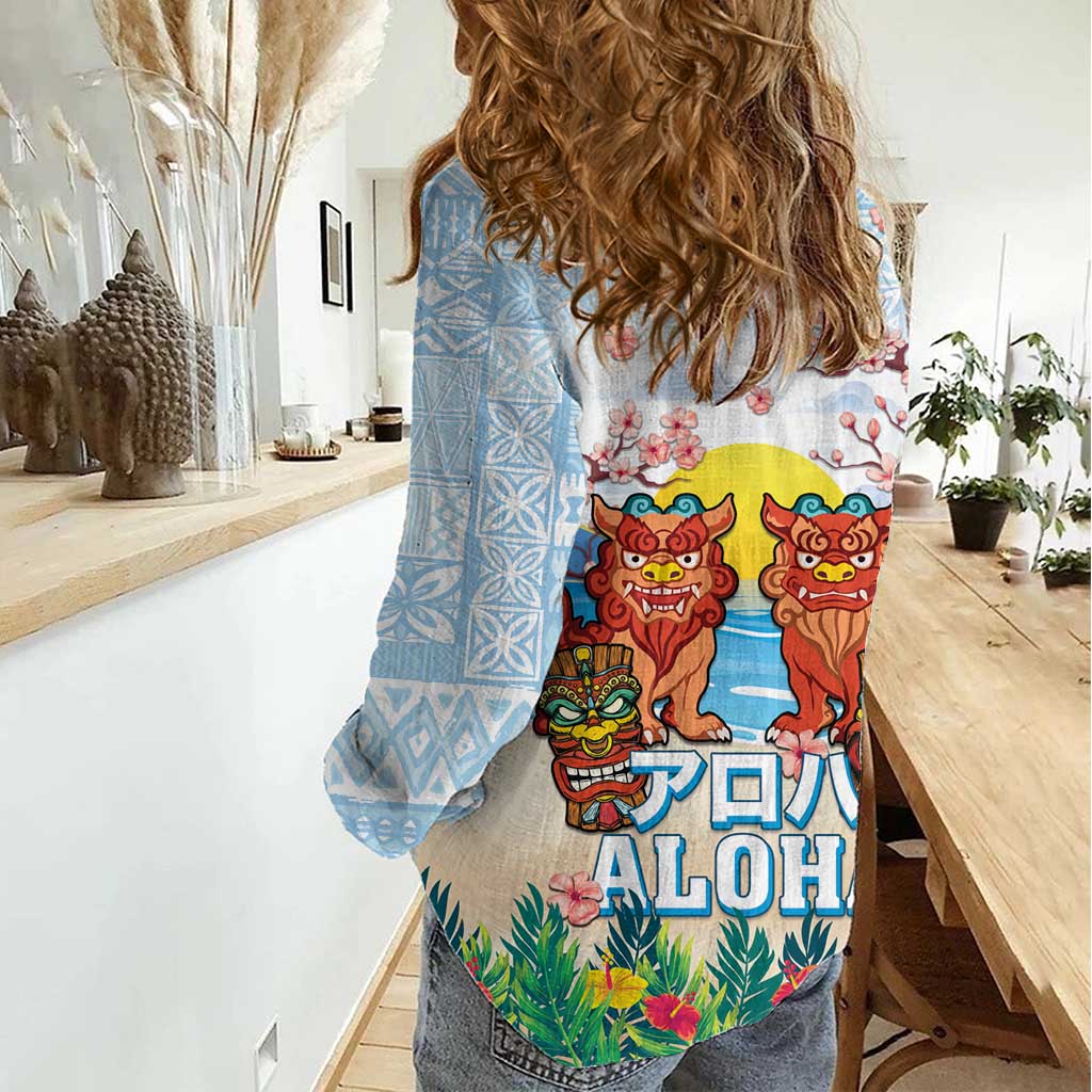 Hawaii And Japan Okinawa Women Casual Shirt Aloha Gozaimasu Tiki With Shisa