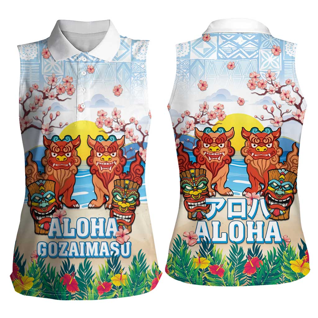 Hawaii And Japan Okinawa Women Sleeveless Polo Shirt Aloha Gozaimasu Tiki With Shisa