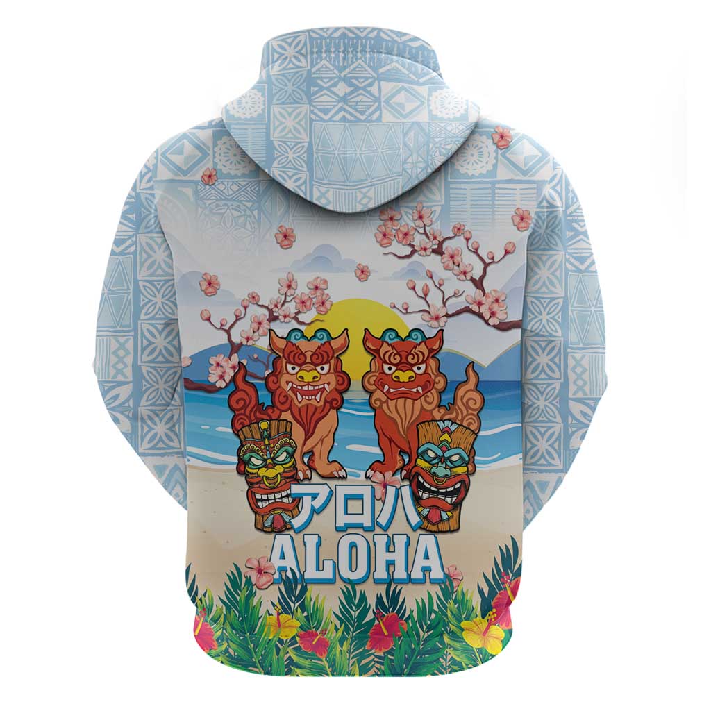 Hawaii And Japan Okinawa Zip Hoodie Aloha Gozaimasu Tiki With Shisa