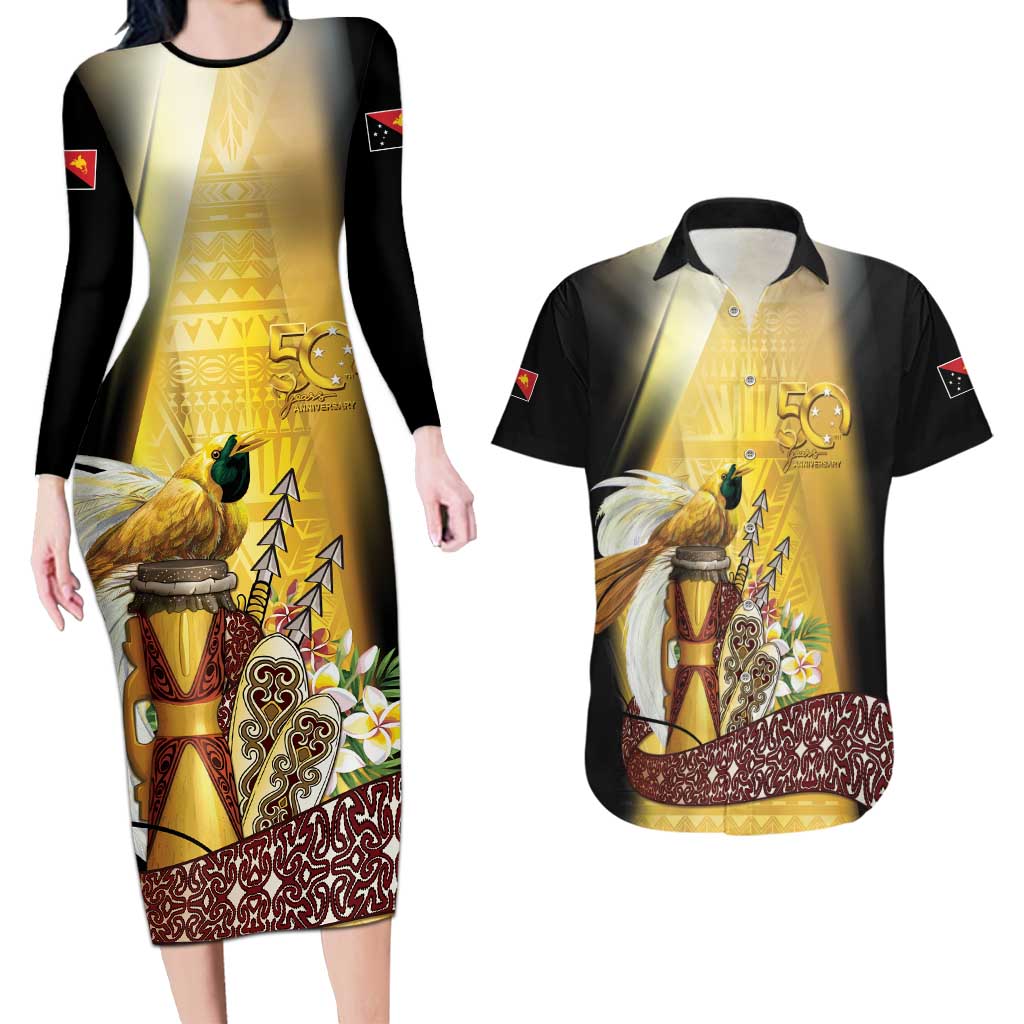Papua New Guinea Couples Matching Long Sleeve Bodycon Dress and Hawaiian Shirt 50 Years Of Independence - Polynesian Pride