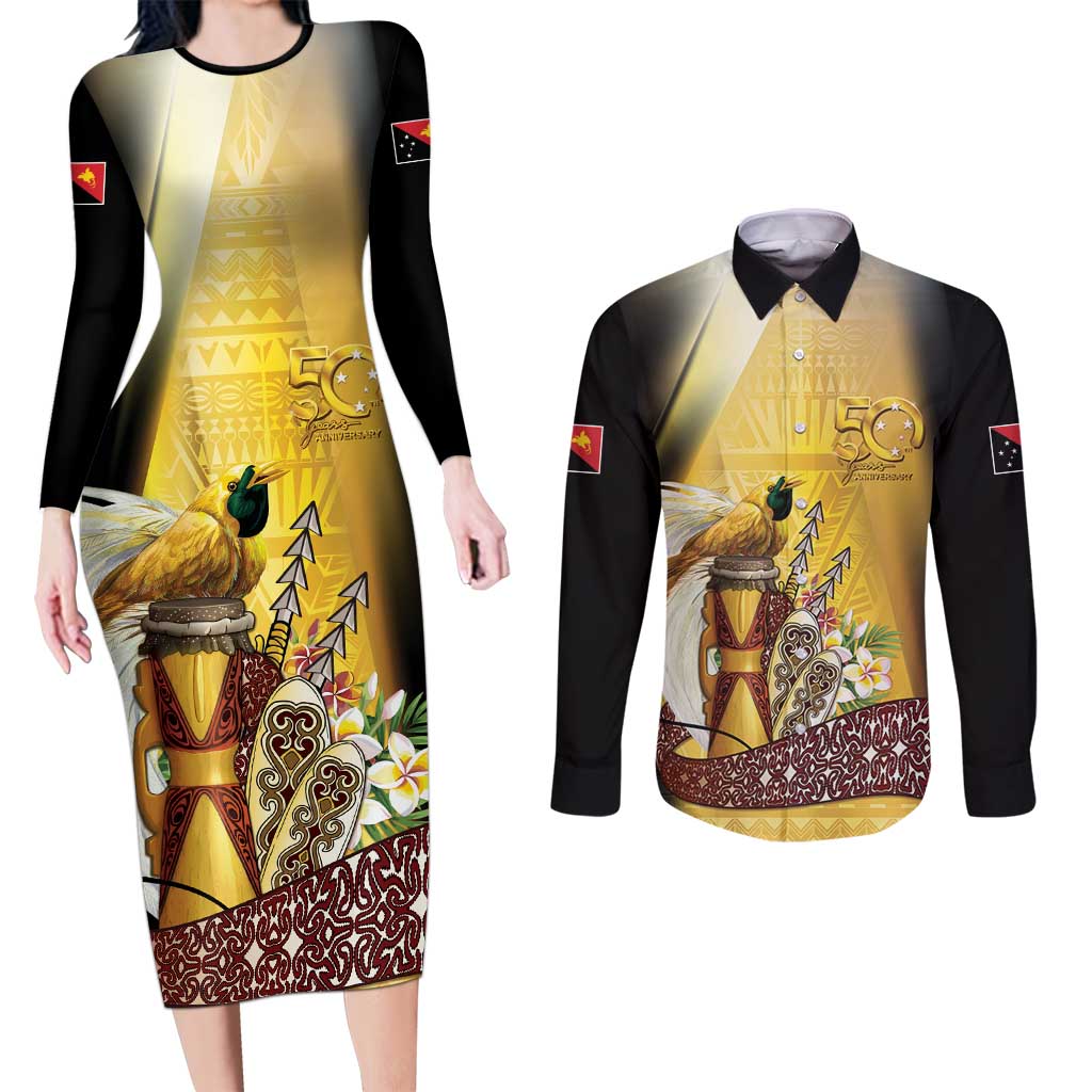 Papua New Guinea Couples Matching Long Sleeve Bodycon Dress and Long Sleeve Button Shirt 50 Years Of Independence - Polynesian Pride