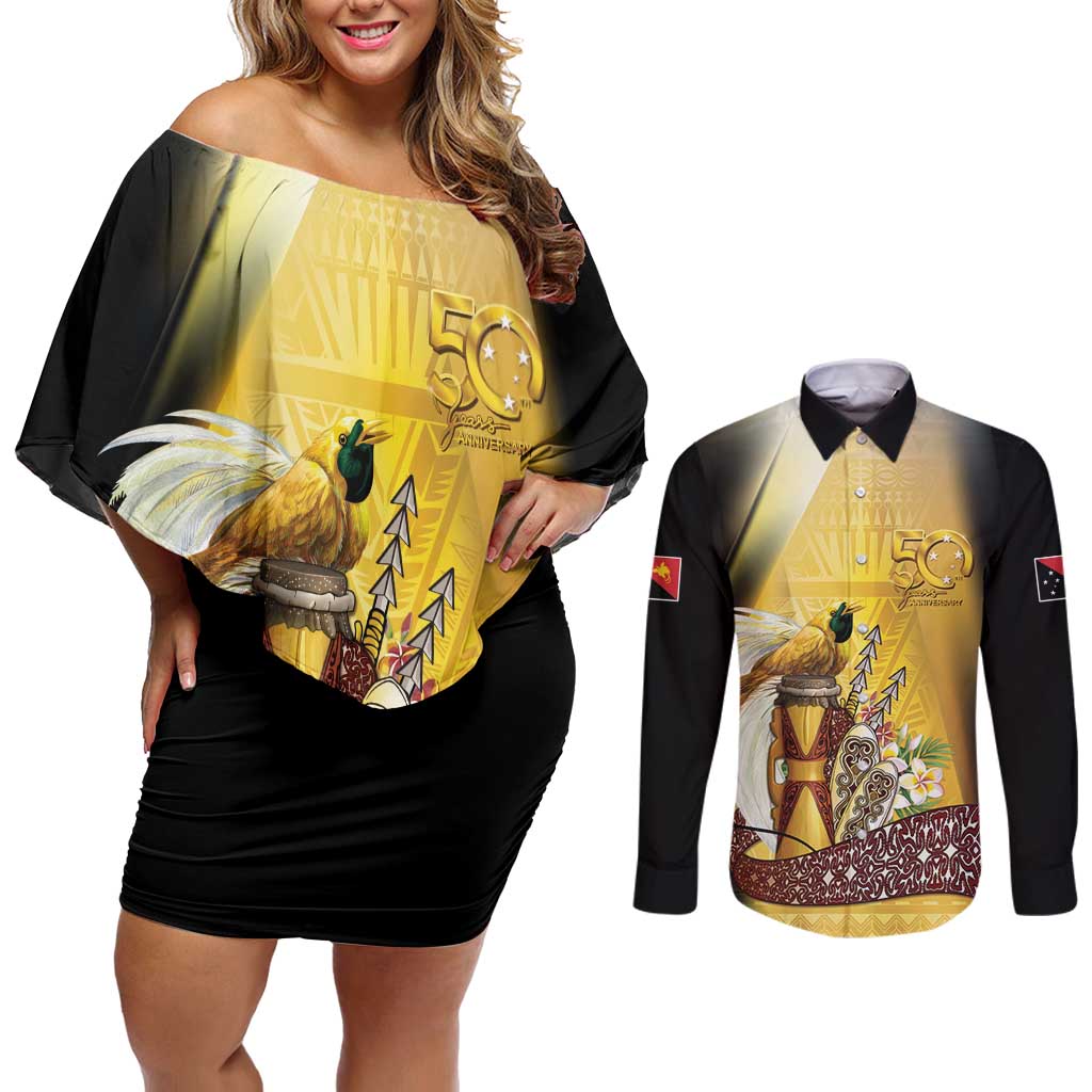 Papua New Guinea Couples Matching Off Shoulder Short Dress and Long Sleeve Button Shirt 50 Years Of Independence - Polynesian Pride