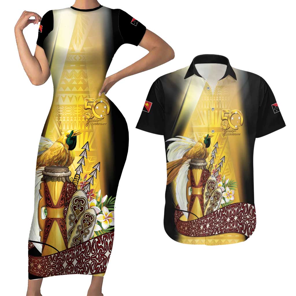 Papua New Guinea Couples Matching Short Sleeve Bodycon Dress and Hawaiian Shirt 50 Years Of Independence - Polynesian Pride
