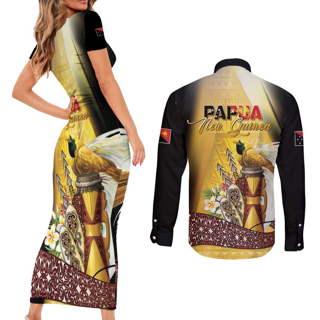 Papua New Guinea Couples Matching Short Sleeve Bodycon Dress and Long Sleeve Button Shirt 50 Years Of Independence - Polynesian Pride