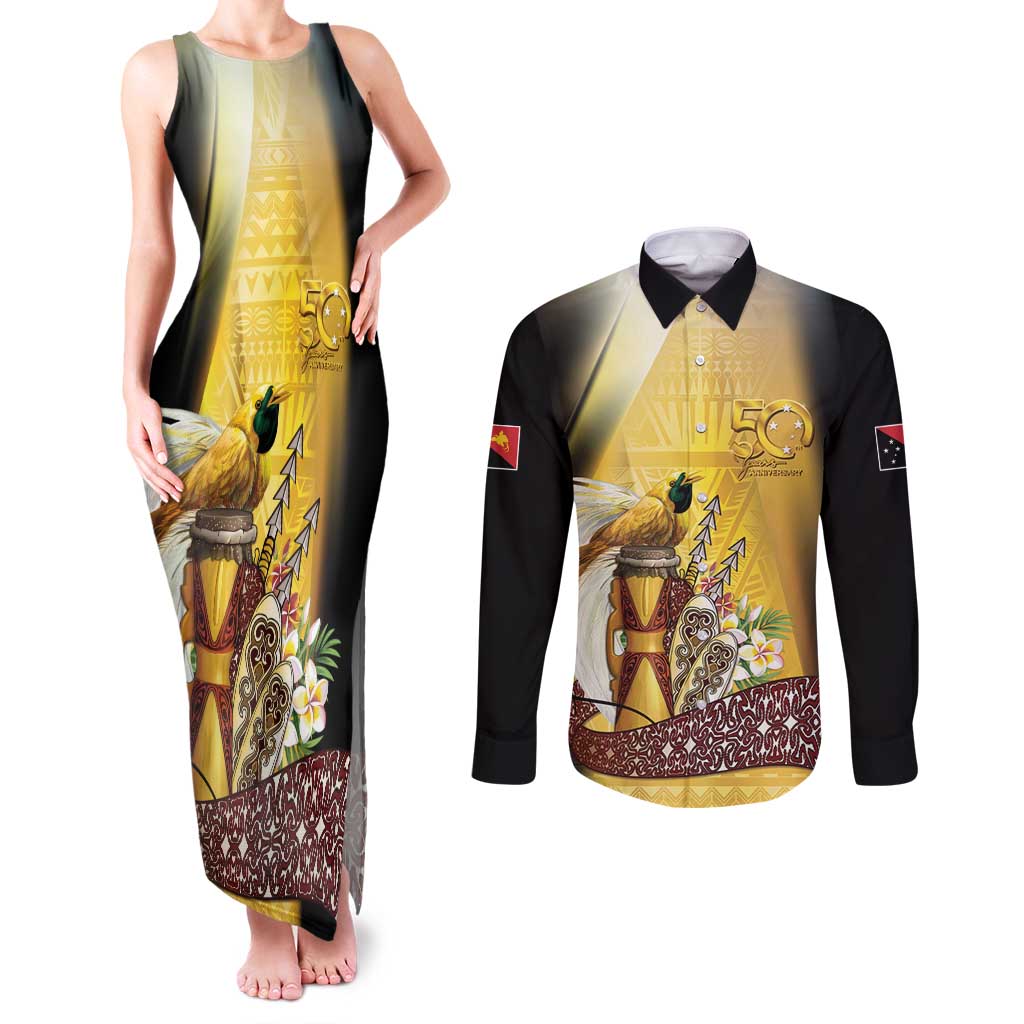 Papua New Guinea Couples Matching Tank Maxi Dress and Long Sleeve Button Shirt 50 Years Of Independence - Polynesian Pride