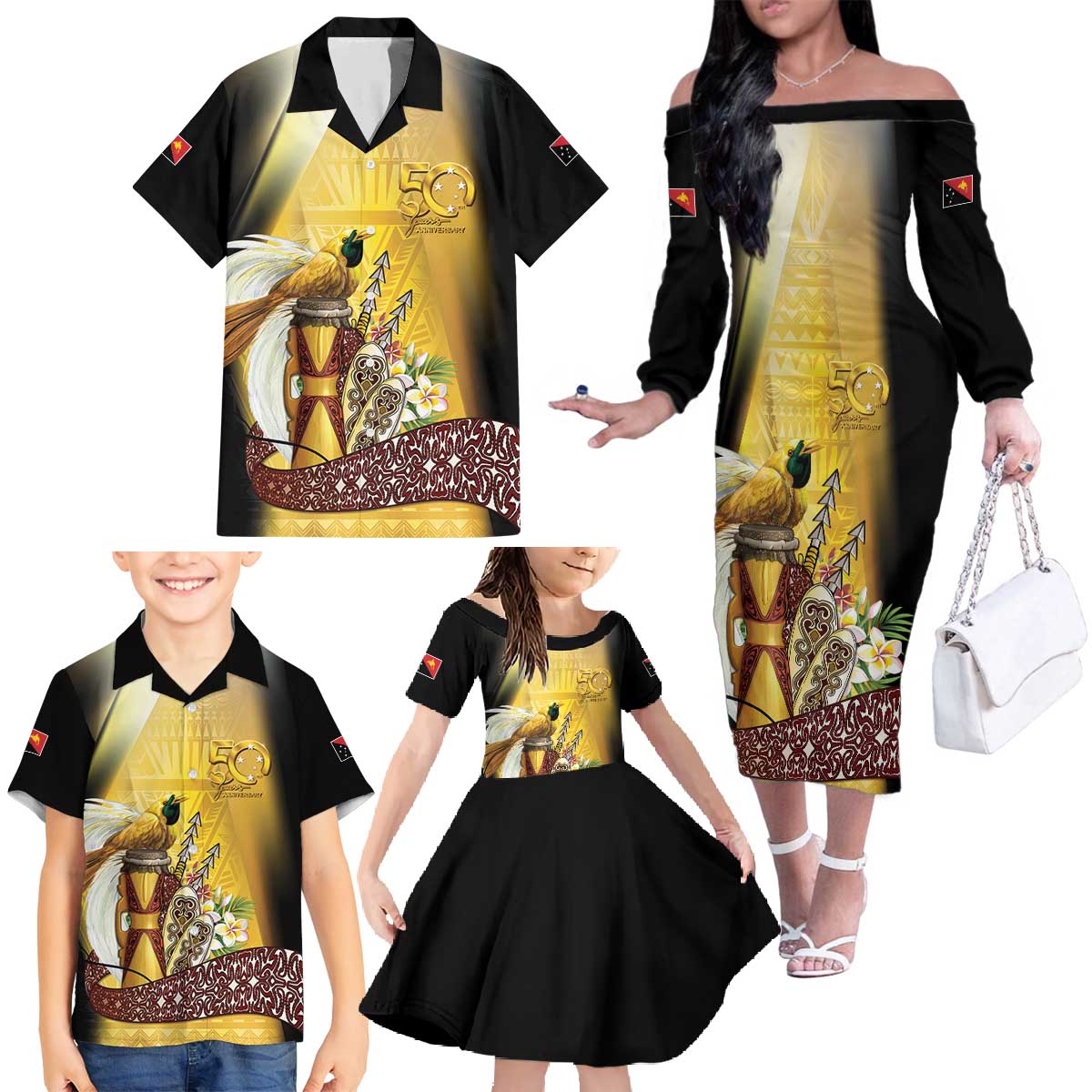 Papua New Guinea Family Matching Off The Shoulder Long Sleeve Dress and Hawaiian Shirt 50 Years Of Independence - Polynesian Pride