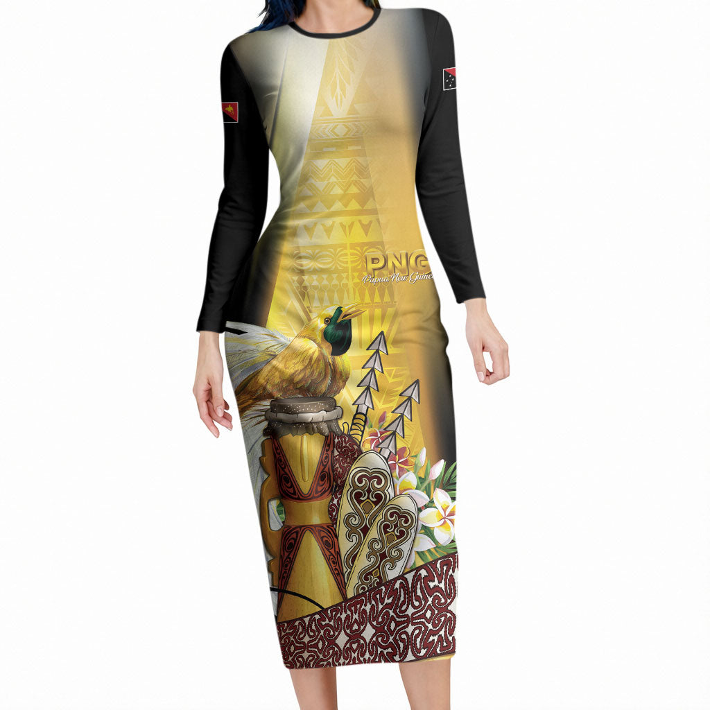 Papua New Guinea Long Sleeve Bodycon Dress Independence Day Unique Style LT05 Long Dress Gold - Polynesian Pride
