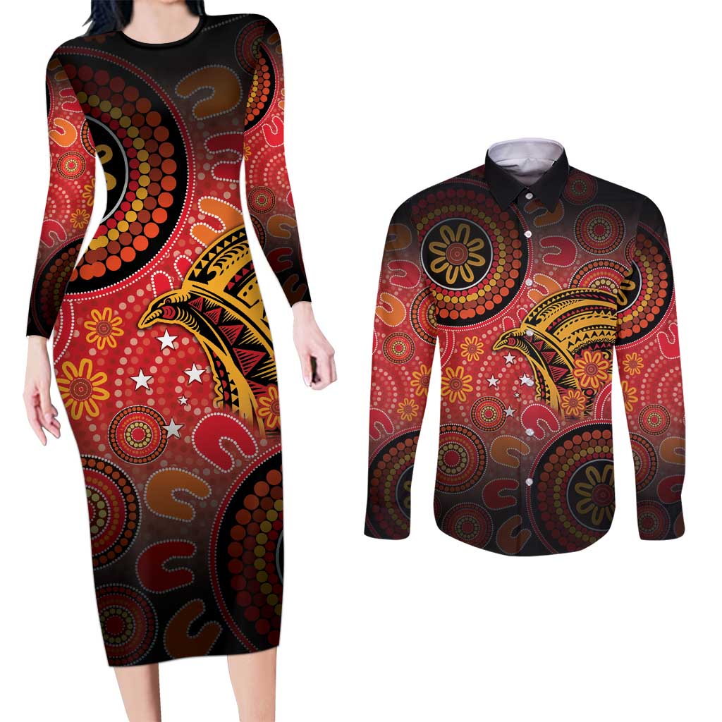 Papua New Guinea Couples Matching Long Sleeve Bodycon Dress and Long Sleeve Button Shirt Birds Of Paradise With Aboriginal Pattern - Polynesian Pride