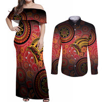 Papua New Guinea Couples Matching Off Shoulder Maxi Dress and Long Sleeve Button Shirt Birds Of Paradise With Aboriginal Pattern - Polynesian Pride