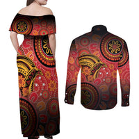 Papua New Guinea Couples Matching Off Shoulder Maxi Dress and Long Sleeve Button Shirt Birds Of Paradise With Aboriginal Pattern - Polynesian Pride