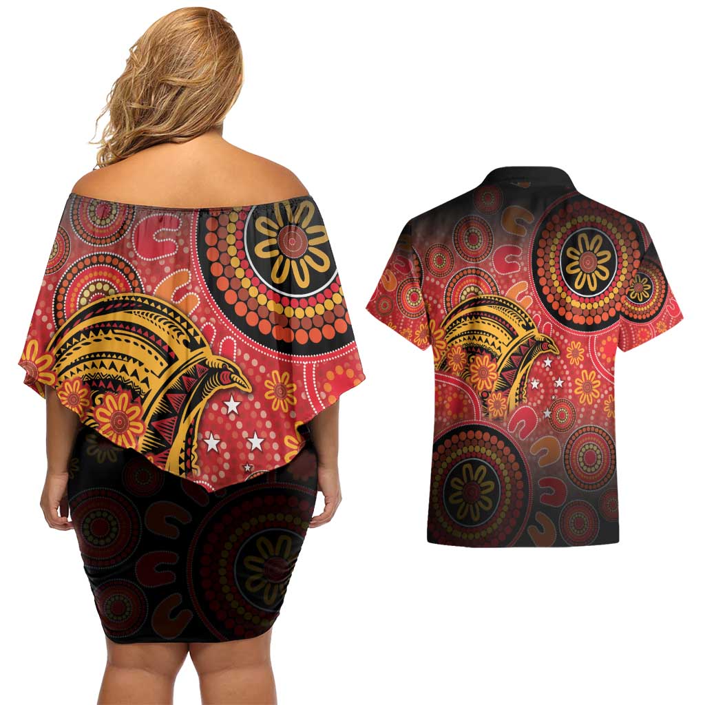Papua New Guinea Couples Matching Off Shoulder Short Dress and Hawaiian Shirt Birds Of Paradise With Aboriginal Pattern - Polynesian Pride