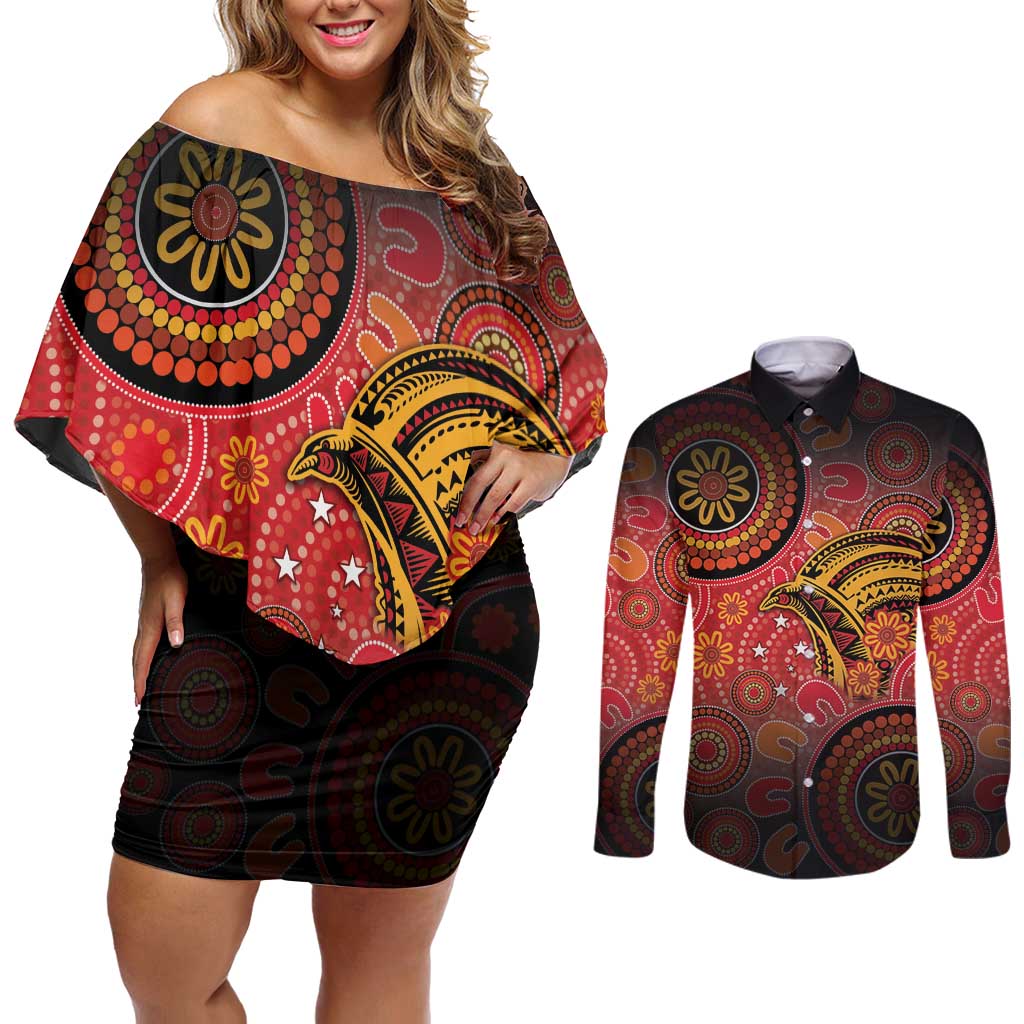 Papua New Guinea Couples Matching Off Shoulder Short Dress and Long Sleeve Button Shirt Birds Of Paradise With Aboriginal Pattern - Polynesian Pride