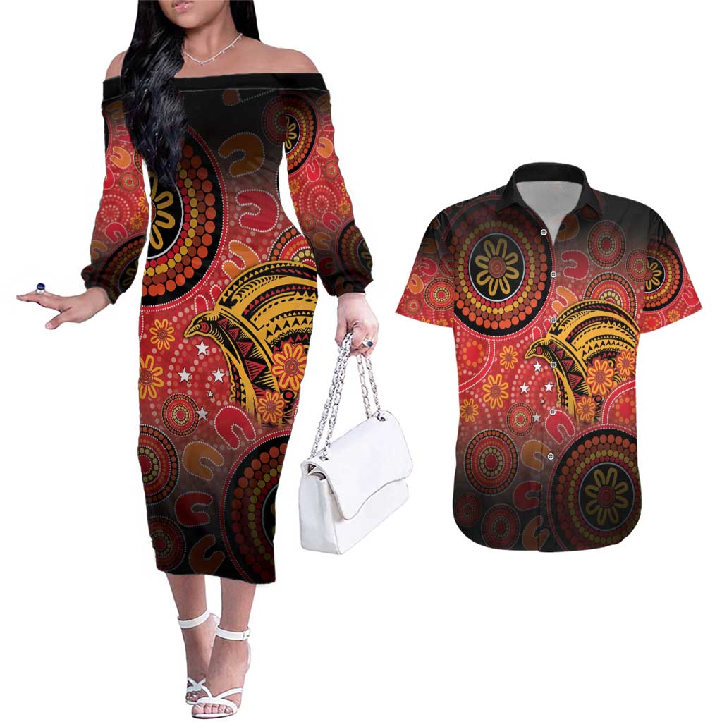 Papua New Guinea Couples Matching Off The Shoulder Long Sleeve Dress and Hawaiian Shirt Birds Of Paradise With Aboriginal Pattern - Polynesian Pride