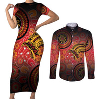 Papua New Guinea Couples Matching Short Sleeve Bodycon Dress and Long Sleeve Button Shirt Birds Of Paradise With Aboriginal Pattern - Polynesian Pride
