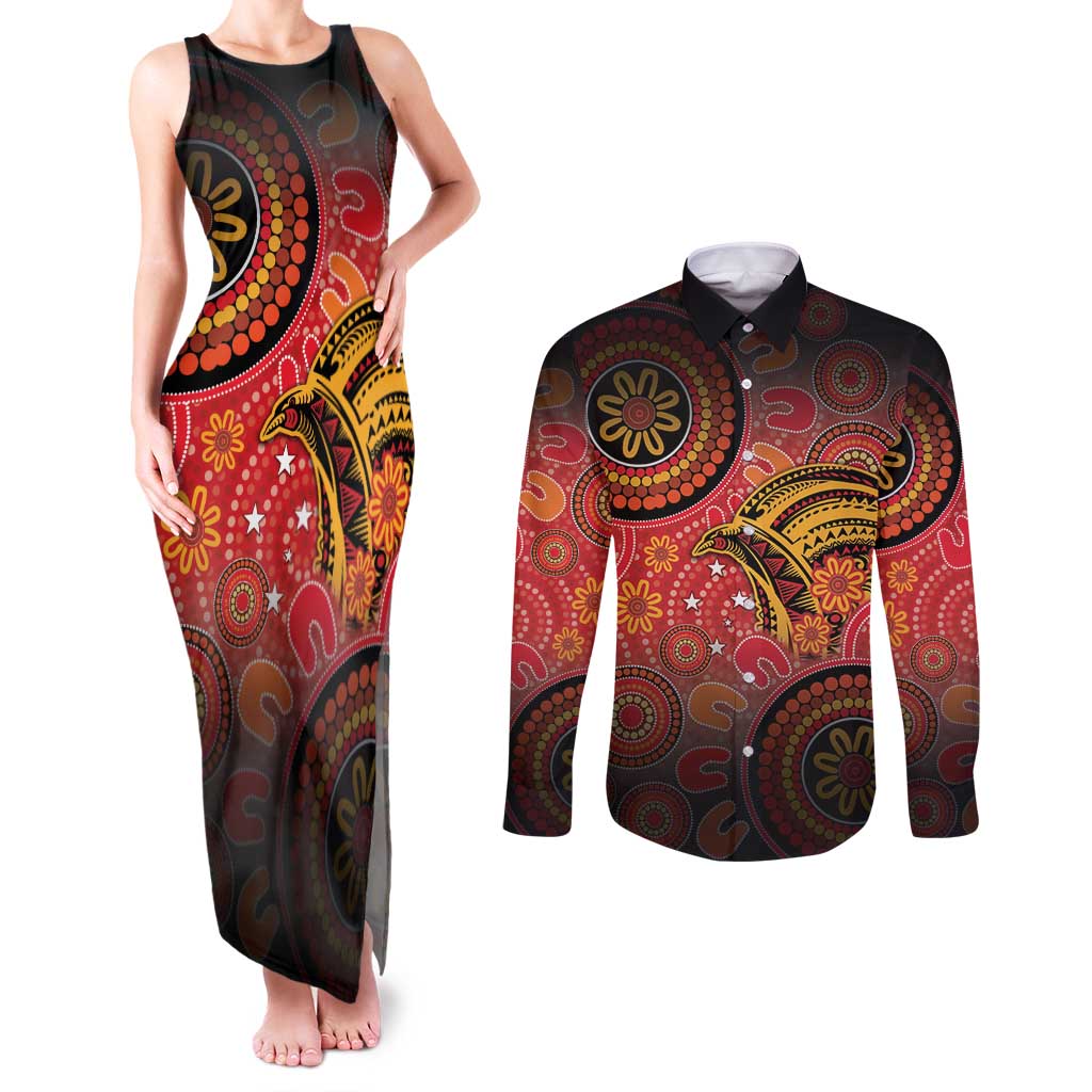 Papua New Guinea Couples Matching Tank Maxi Dress and Long Sleeve Button Shirt Birds Of Paradise With Aboriginal Pattern - Polynesian Pride