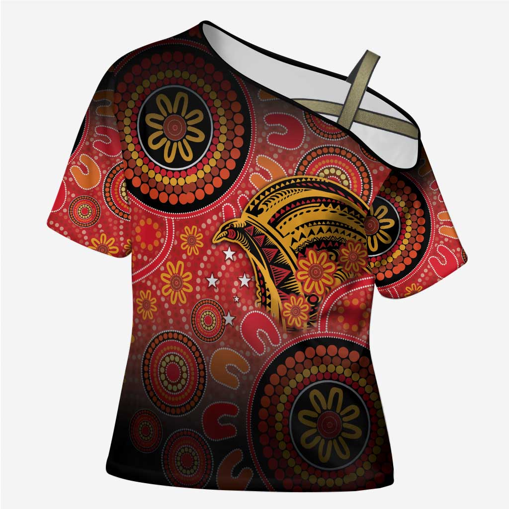 Papua New Guinea Cross Shoulder Shirt Birds Of Paradise With Aboriginal Pattern - Polynesian Pride