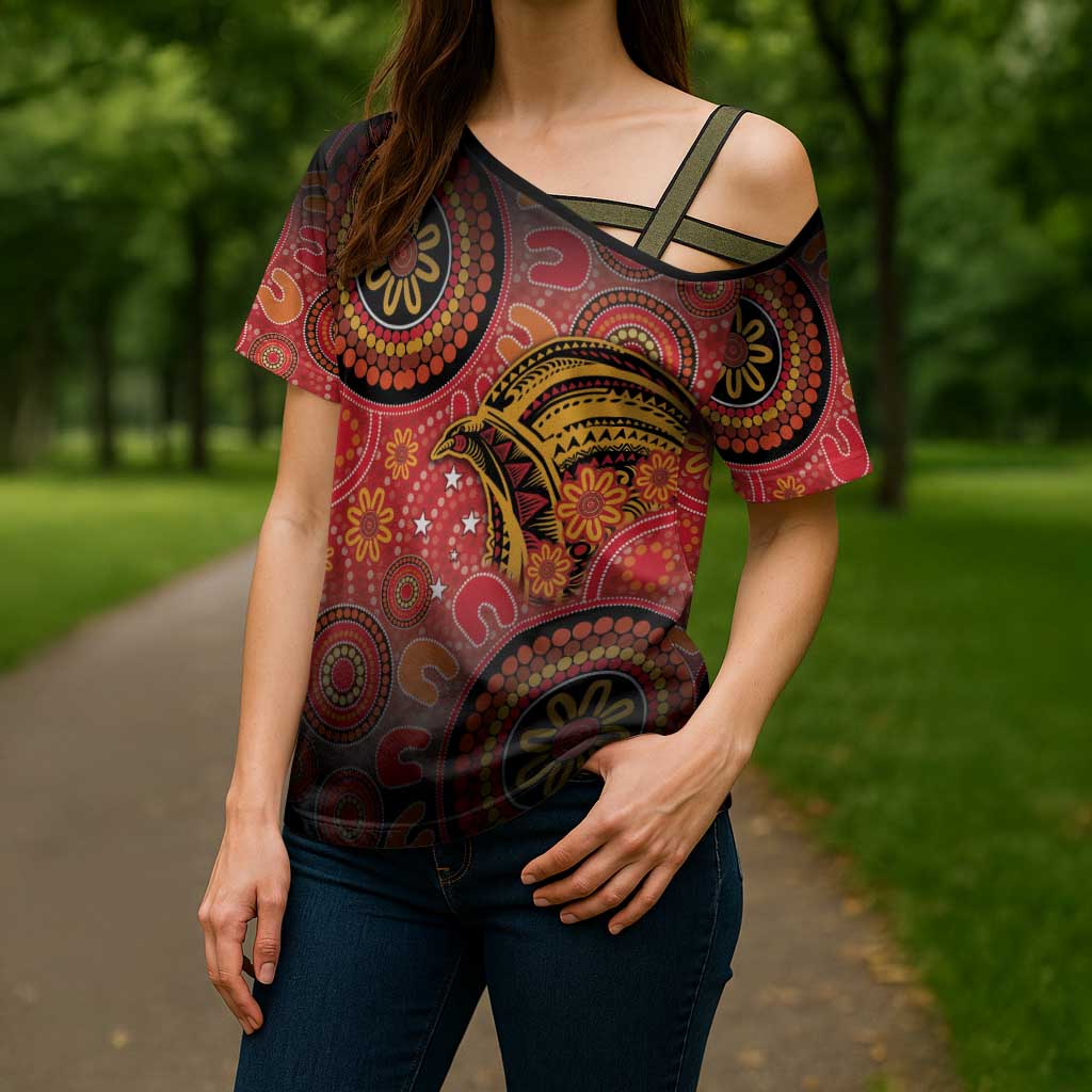 Papua New Guinea Cross Shoulder Shirt Birds Of Paradise With Aboriginal Pattern - Polynesian Pride