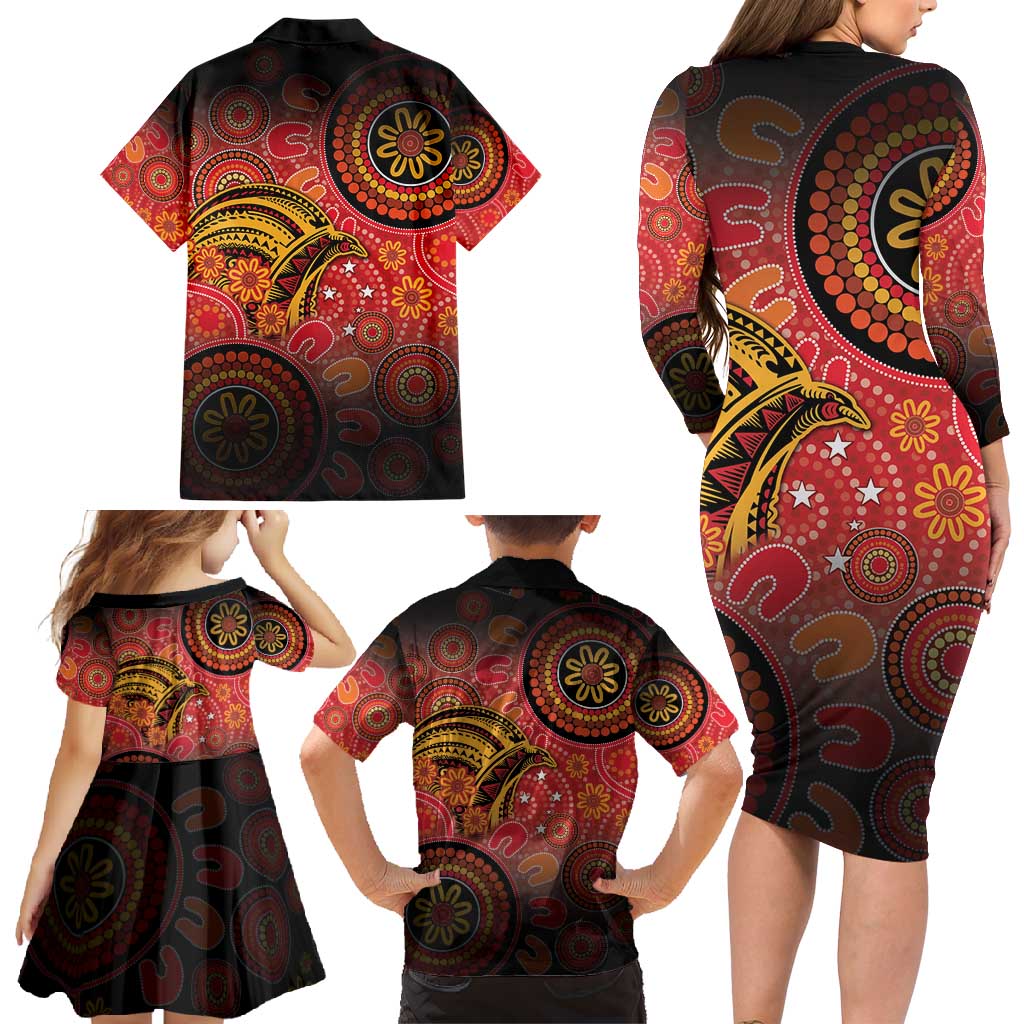 Papua New Guinea Family Matching Long Sleeve Bodycon Dress and Hawaiian Shirt Birds Of Paradise With Aboriginal Pattern - Polynesian Pride