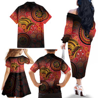 Papua New Guinea Family Matching Off The Shoulder Long Sleeve Dress and Hawaiian Shirt Birds Of Paradise With Aboriginal Pattern - Polynesian Pride