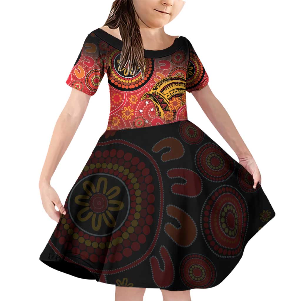 Papua New Guinea Family Matching Off Shoulder Short Dress and Hawaiian Shirt Birds Of Paradise With Aboriginal Pattern - Polynesian Pride