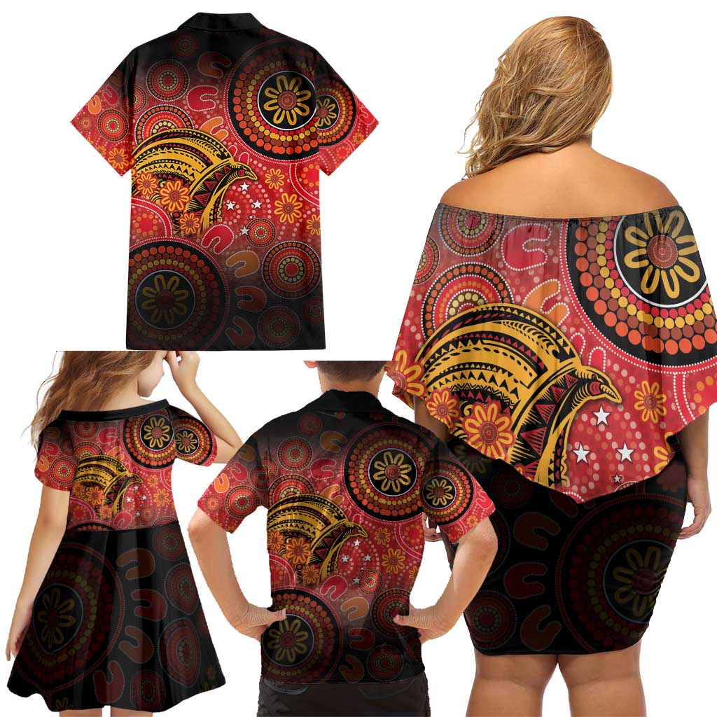 Papua New Guinea Family Matching Off Shoulder Short Dress and Hawaiian Shirt Birds Of Paradise With Aboriginal Pattern - Polynesian Pride