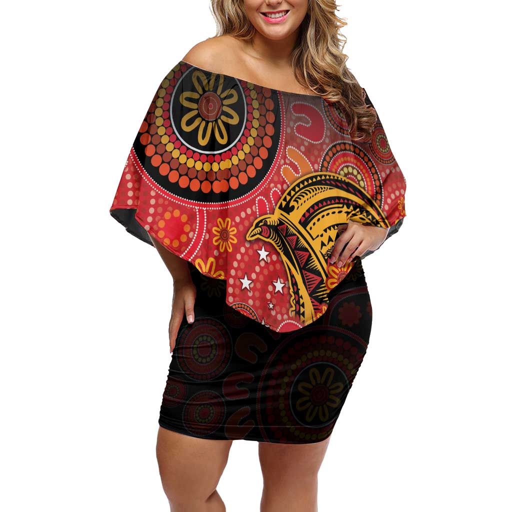 Papua New Guinea Family Matching Off Shoulder Short Dress and Hawaiian Shirt Birds Of Paradise With Aboriginal Pattern - Polynesian Pride
