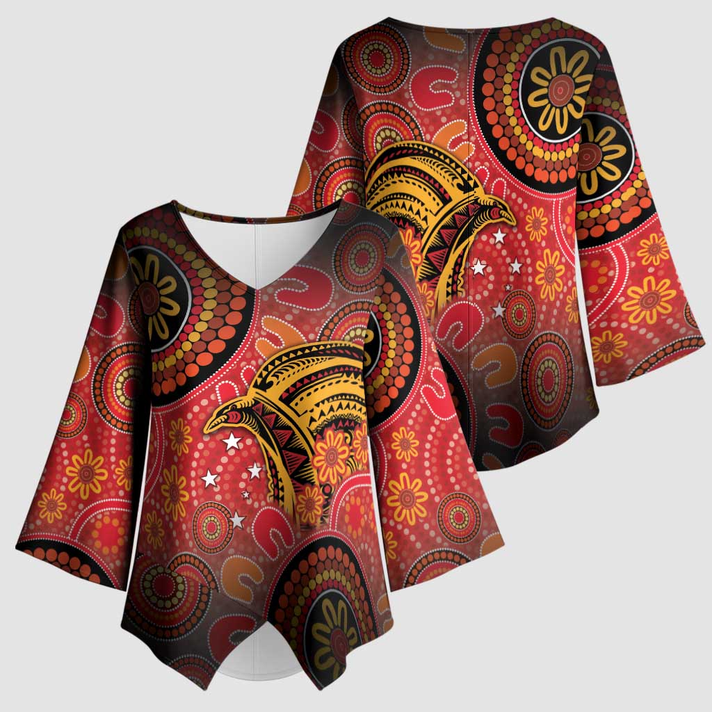 Papua New Guinea Kimono Sleeve Blouse Birds Of Paradise With Aboriginal Pattern - Polynesian Pride