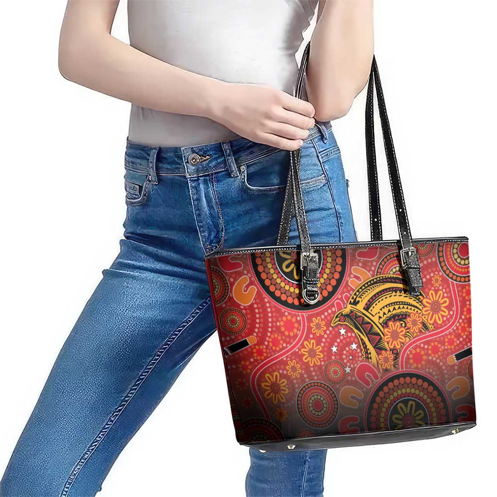 Papua New Guinea Leather Tote Bag Birds Of Paradise With Aboriginal Pattern - Polynesian Pride