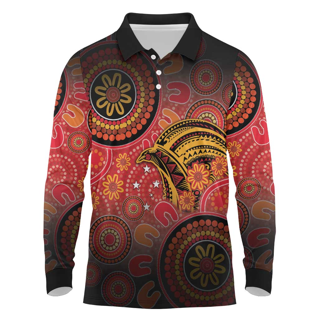 Papua New Guinea Long Sleeve Polo Shirt Birds Of Paradise With Aboriginal Pattern - Polynesian Pride