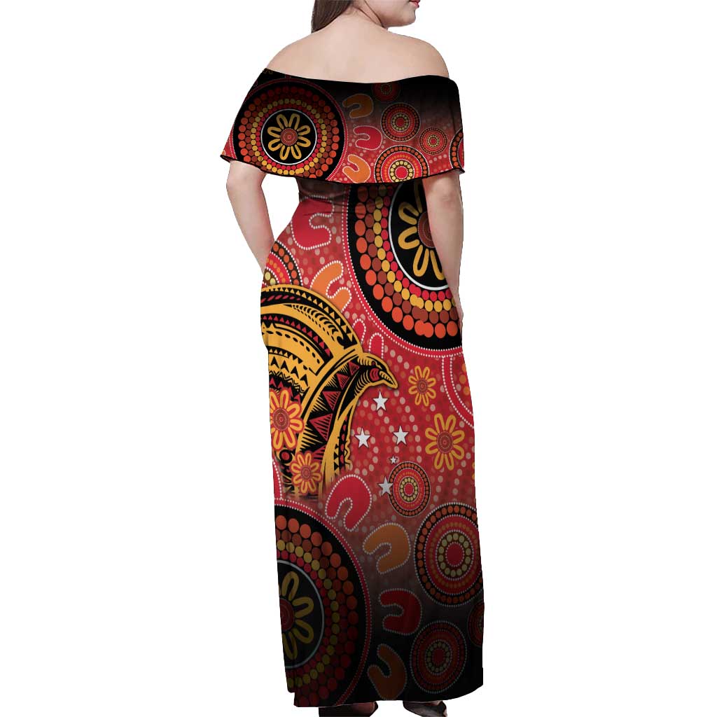 Papua New Guinea Off Shoulder Maxi Dress Birds Of Paradise With Aboriginal Pattern LT05 - Polynesian Pride