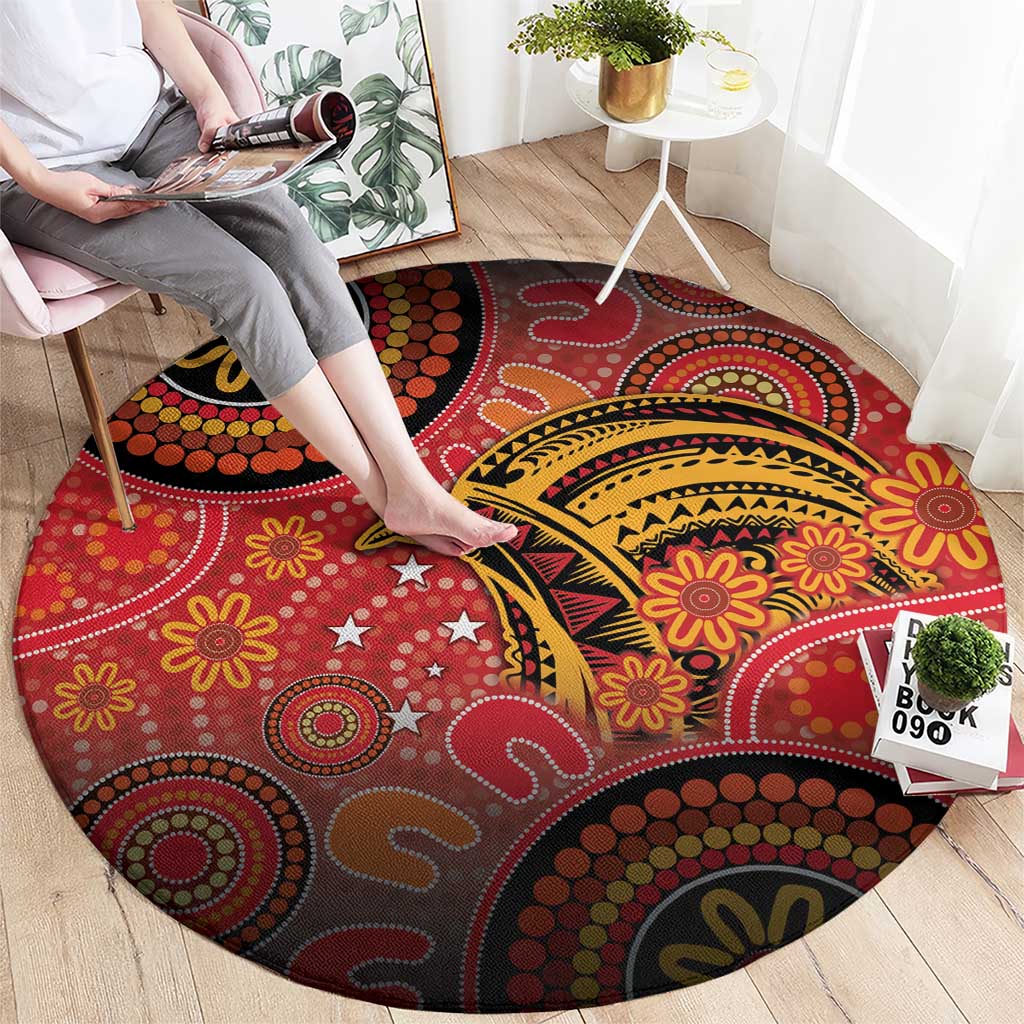 Papua New Guinea Round Carpet Birds Of Paradise With Aboriginal Pattern - Polynesian Pride