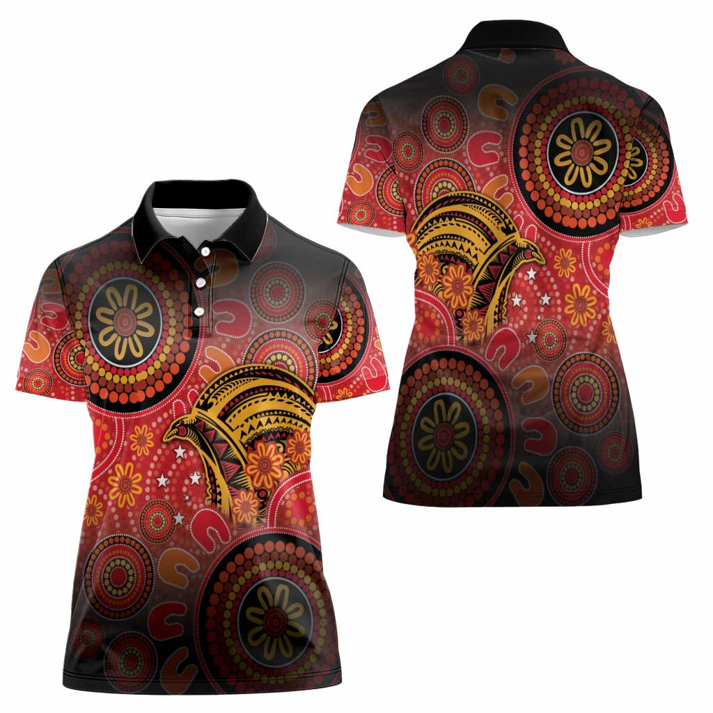 Papua New Guinea Women Polo Shirt Birds Of Paradise With Aboriginal Pattern - Polynesian Pride