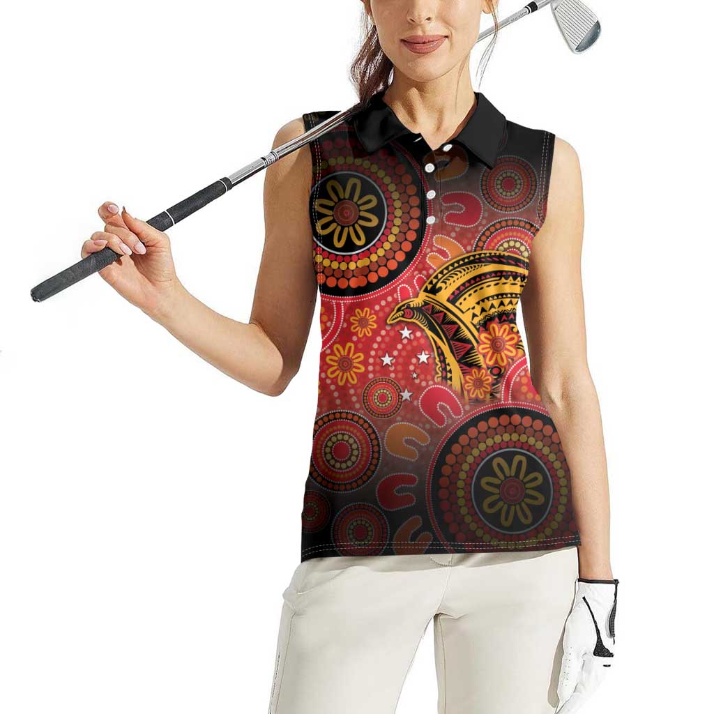 Papua New Guinea Women Sleeveless Polo Shirt Birds Of Paradise With Aboriginal Pattern - Polynesian Pride
