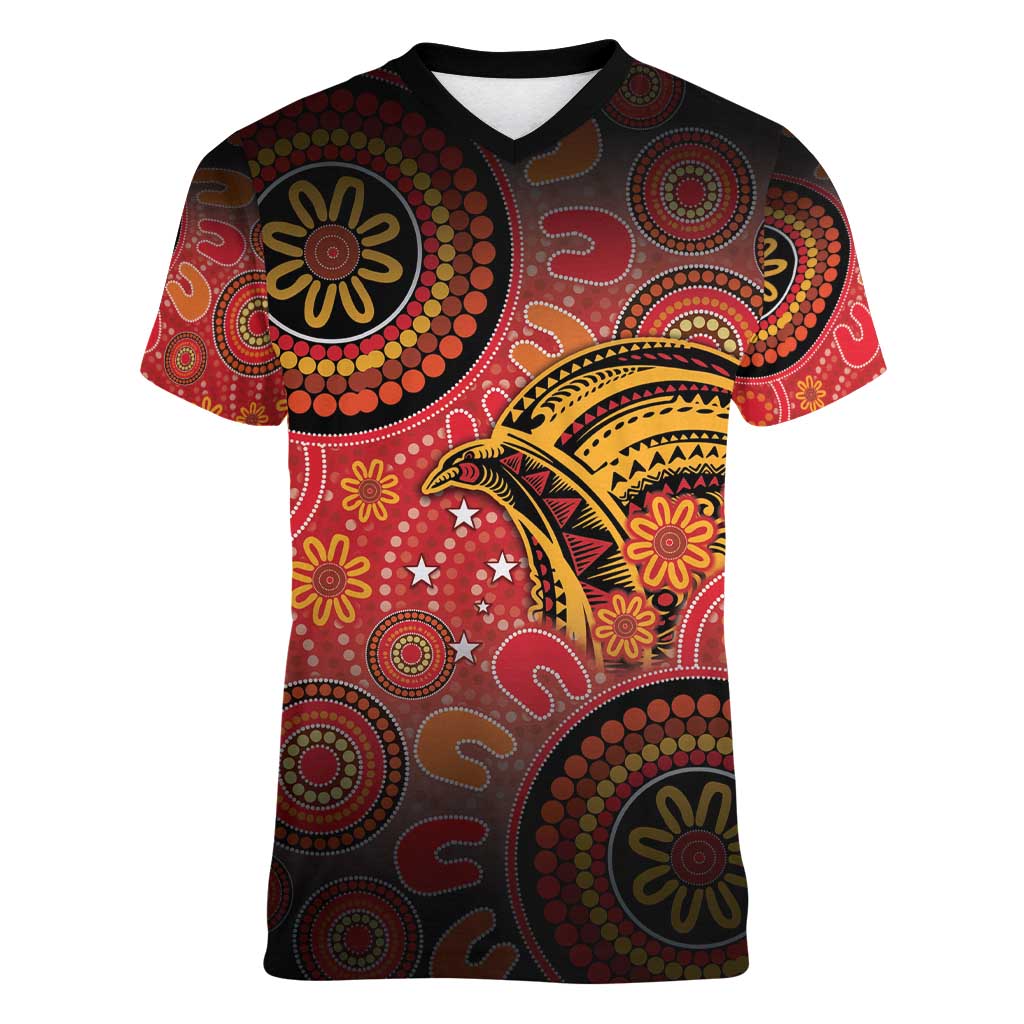 Papua New Guinea Women V-Neck T-Shirt Birds Of Paradise With Aboriginal Pattern - Polynesian Pride