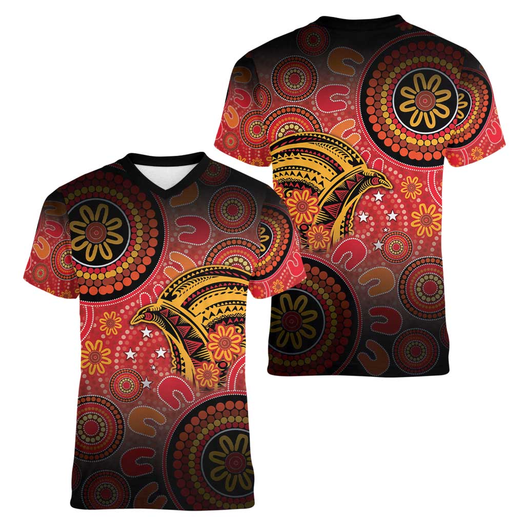Papua New Guinea Women V-Neck T-Shirt Birds Of Paradise With Aboriginal Pattern - Polynesian Pride