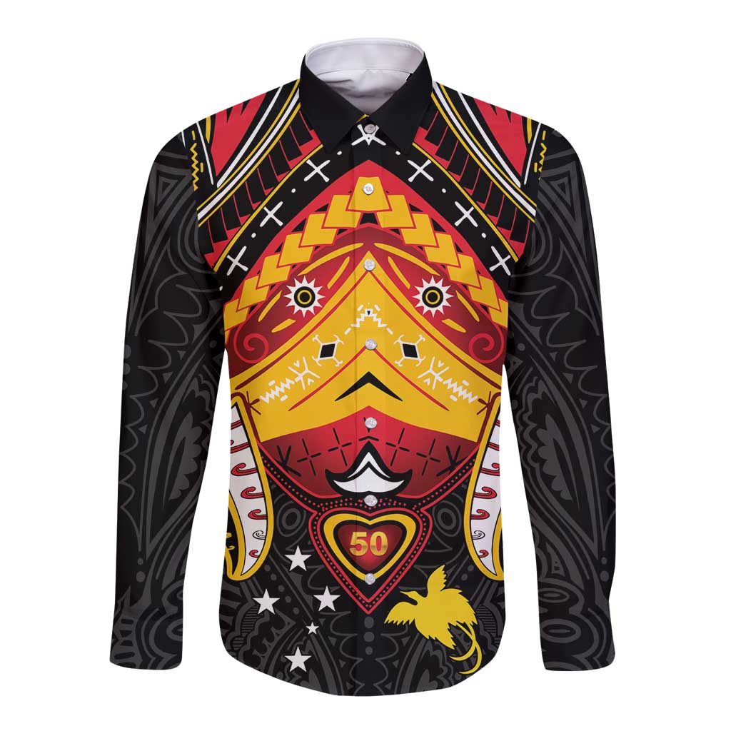 Papua New Guinea Independence Day Long Sleeve Button Shirt Tribal Mask - Polynesian Pride