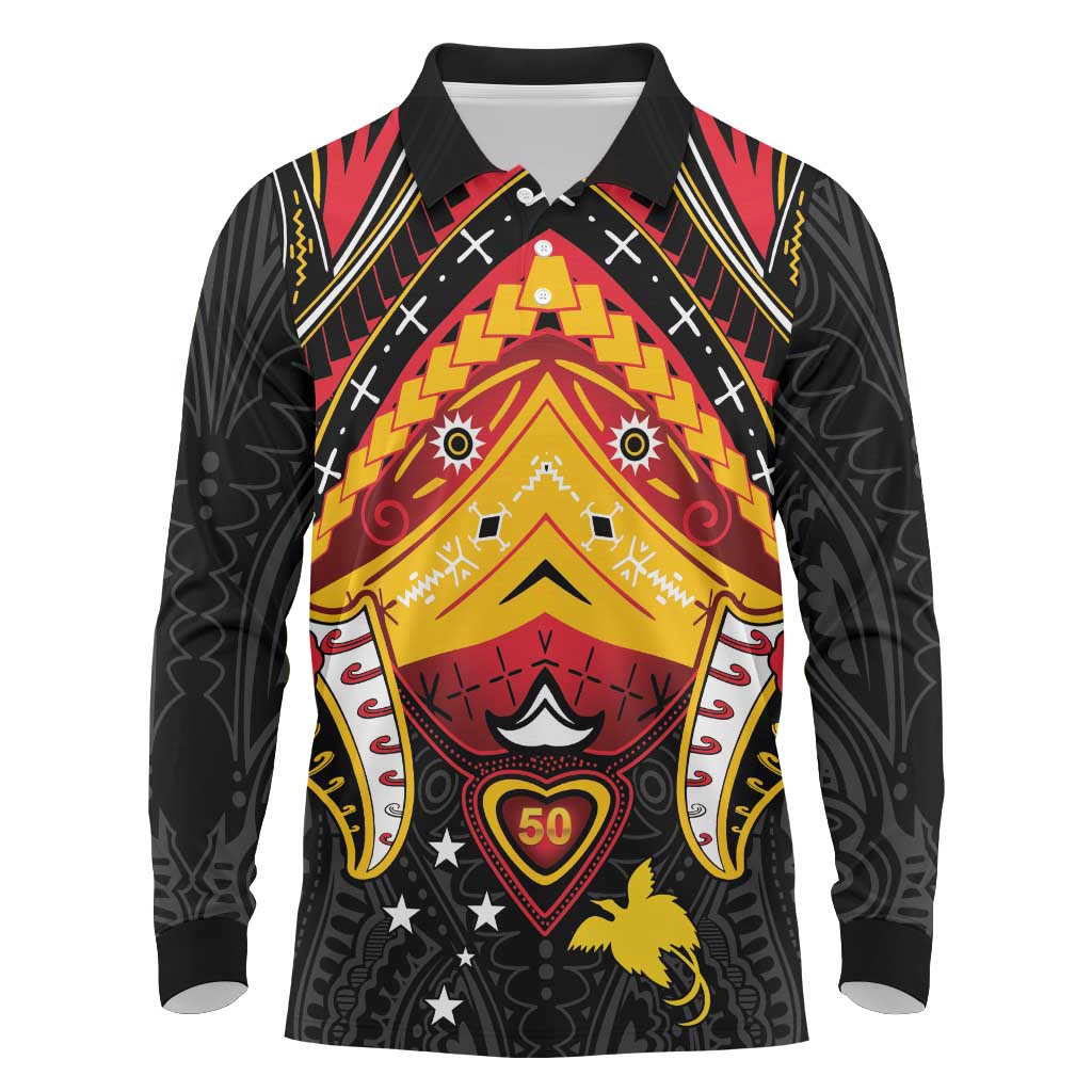 Papua New Guinea Independence Day Long Sleeve Polo Shirt Tribal Mask - Polynesian Pride