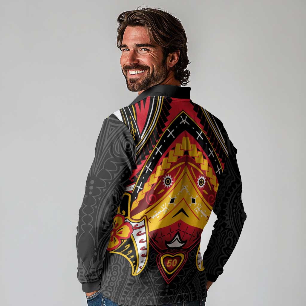 Papua New Guinea Independence Day Long Sleeve Polo Shirt Tribal Mask - Polynesian Pride