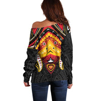 Papua New Guinea Independence Day Off Shoulder Sweater Tribal Mask - Polynesian Pride