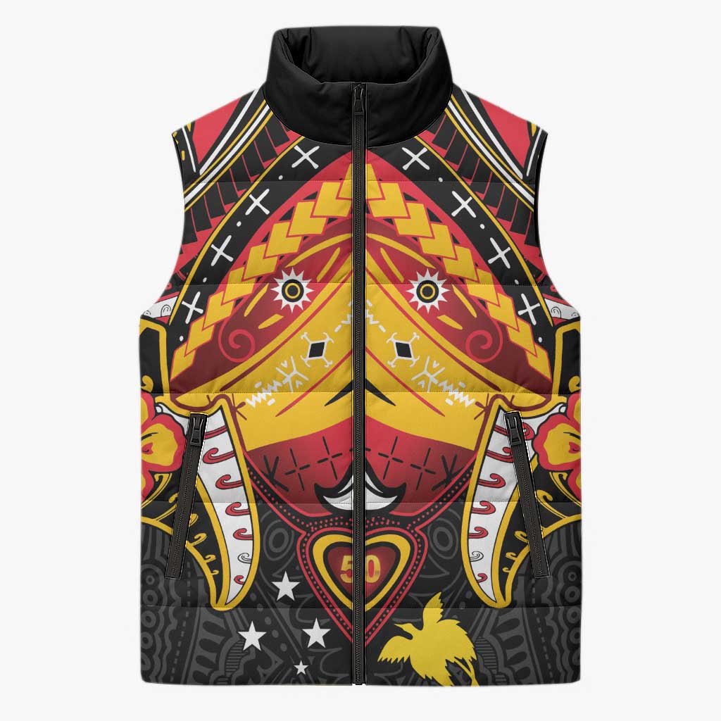 Papua New Guinea Independence Day Sleeveless Puffer Jacket Tribal Mask - Polynesian Pride