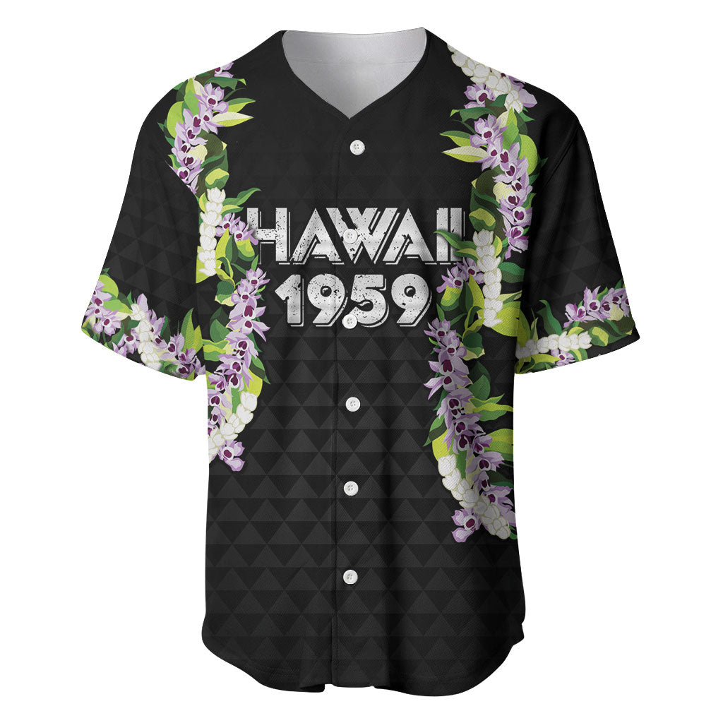 Hawaii Statehood Day Baseball Jersey Kakau Pattern With Maile Pikake Honohono Lei LT05 Black - Polynesian Pride