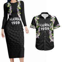Hawaii Statehood Day Couples Matching Long Sleeve Bodycon Dress and Hawaiian Shirt Kakau Pattern With Maile Pikake Honohono Lei LT05 Black - Polynesian Pride