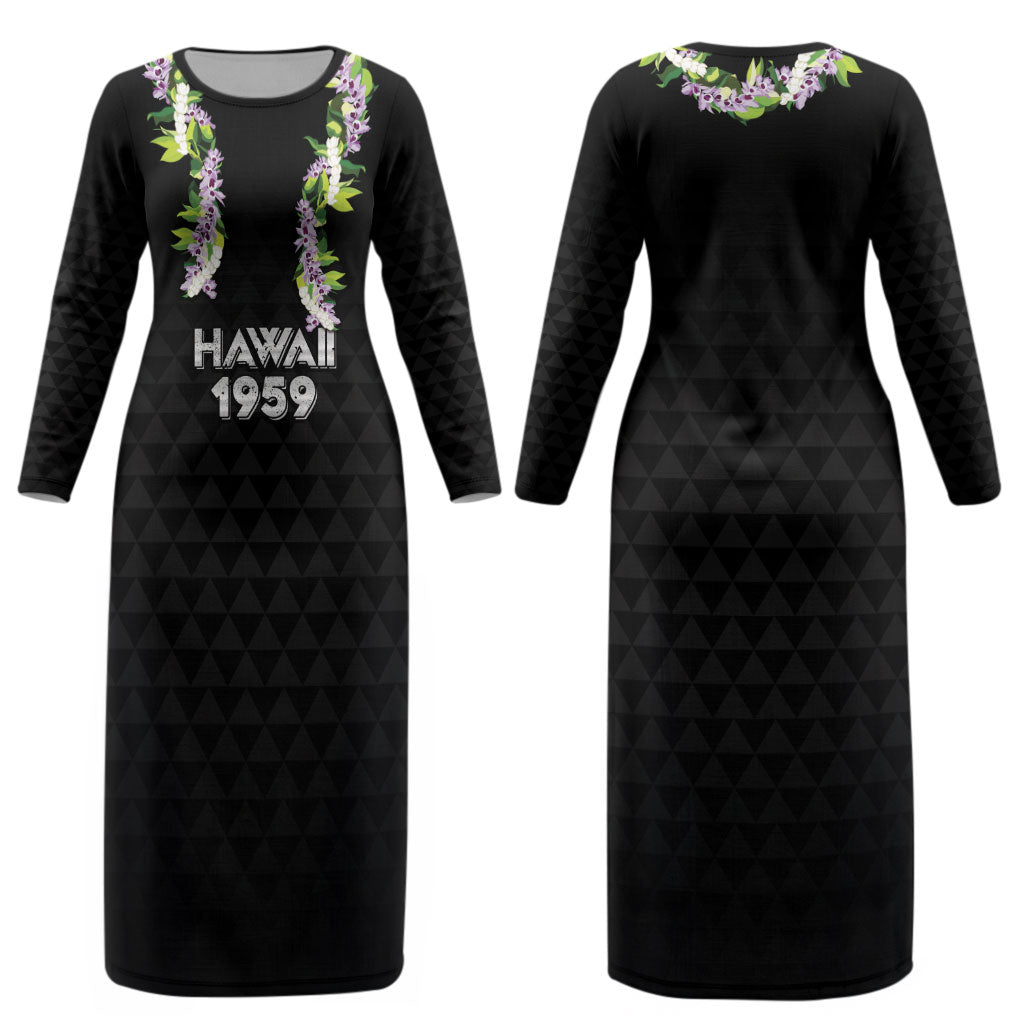 Hawaii Statehood Day Couples Matching Long Sleeve Bodycon Dress and Hawaiian Shirt Kakau Pattern With Maile Pikake Honohono Lei LT05 - Polynesian Pride