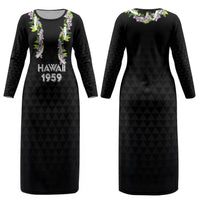 Hawaii Statehood Day Couples Matching Long Sleeve Bodycon Dress and Hawaiian Shirt Kakau Pattern With Maile Pikake Honohono Lei LT05 - Polynesian Pride