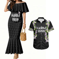 Hawaii Statehood Day Couples Matching Mermaid Dress and Hawaiian Shirt Kakau Pattern With Maile Pikake Honohono Lei LT05 Black - Polynesian Pride