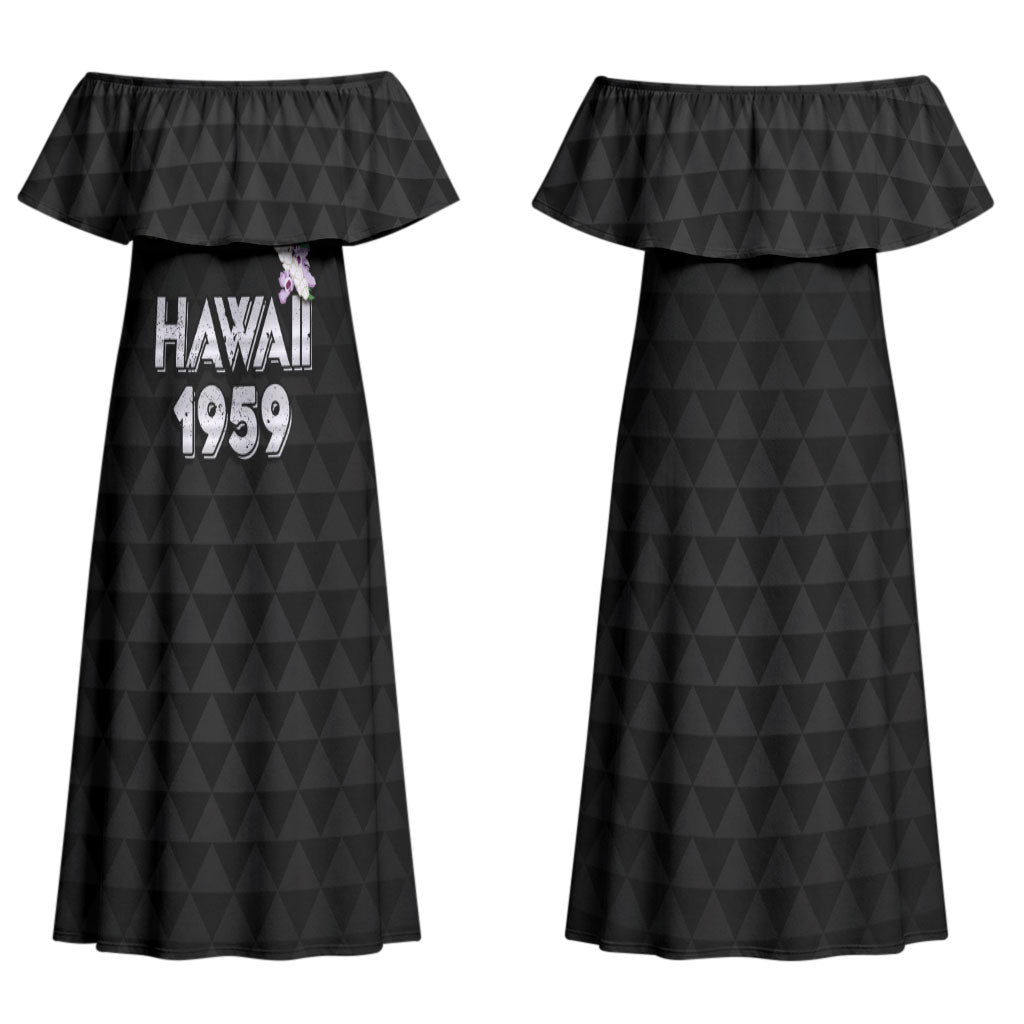 Hawaii Statehood Day Couples Matching Off Shoulder Maxi Dress and Hawaiian Shirt Kakau Pattern With Maile Pikake Honohono Lei LT05 - Polynesian Pride