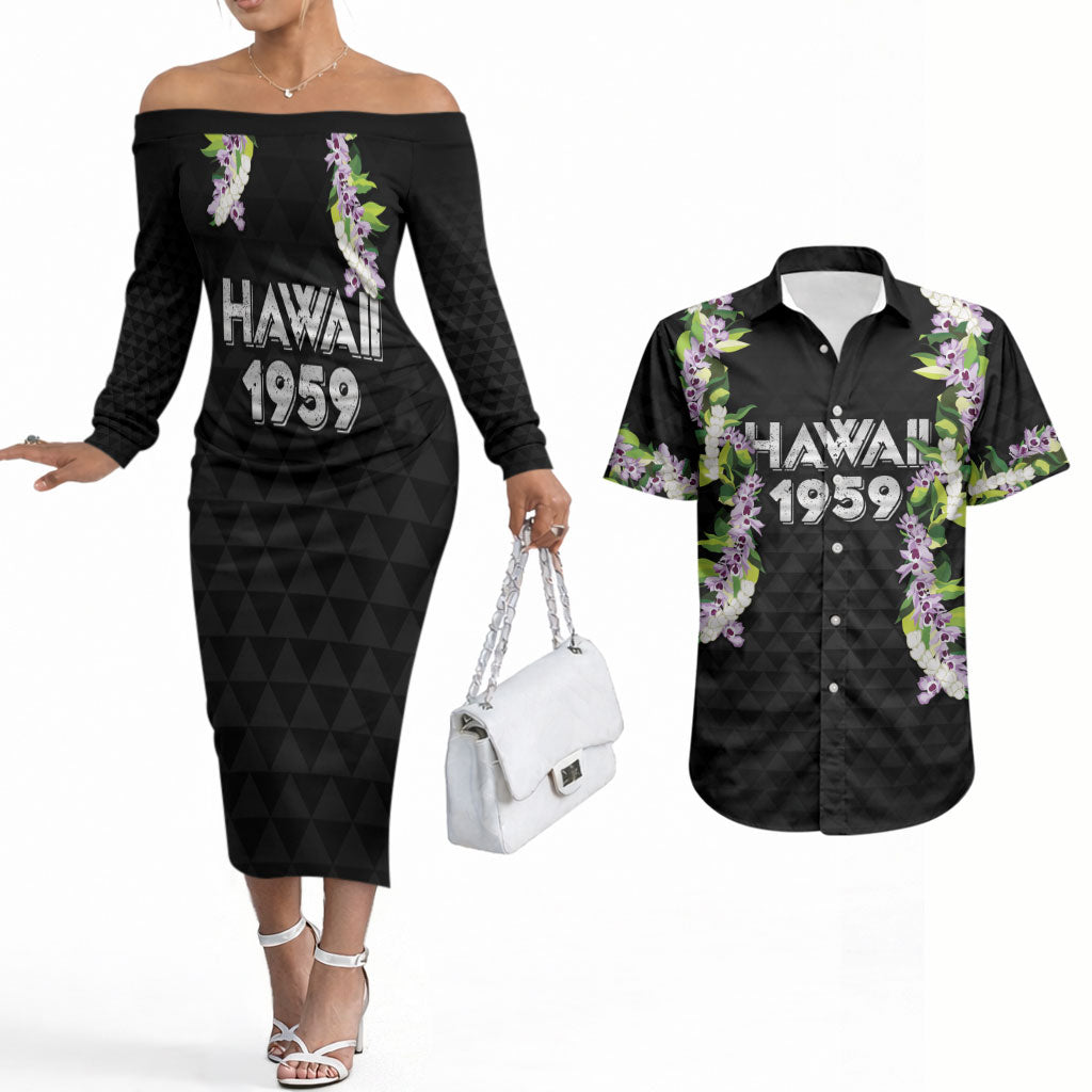 Hawaii Statehood Day Couples Matching Off The Shoulder Long Sleeve Dress and Hawaiian Shirt Kakau Pattern With Maile Pikake Honohono Lei LT05 Black - Polynesian Pride