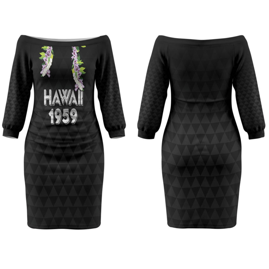 Hawaii Statehood Day Couples Matching Off The Shoulder Long Sleeve Dress and Hawaiian Shirt Kakau Pattern With Maile Pikake Honohono Lei LT05 - Polynesian Pride