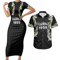 Hawaii Statehood Day Couples Matching Short Sleeve Bodycon Dress and Hawaiian Shirt Kakau Pattern With Maile Pikake Honohono Lei LT05 Black - Polynesian Pride