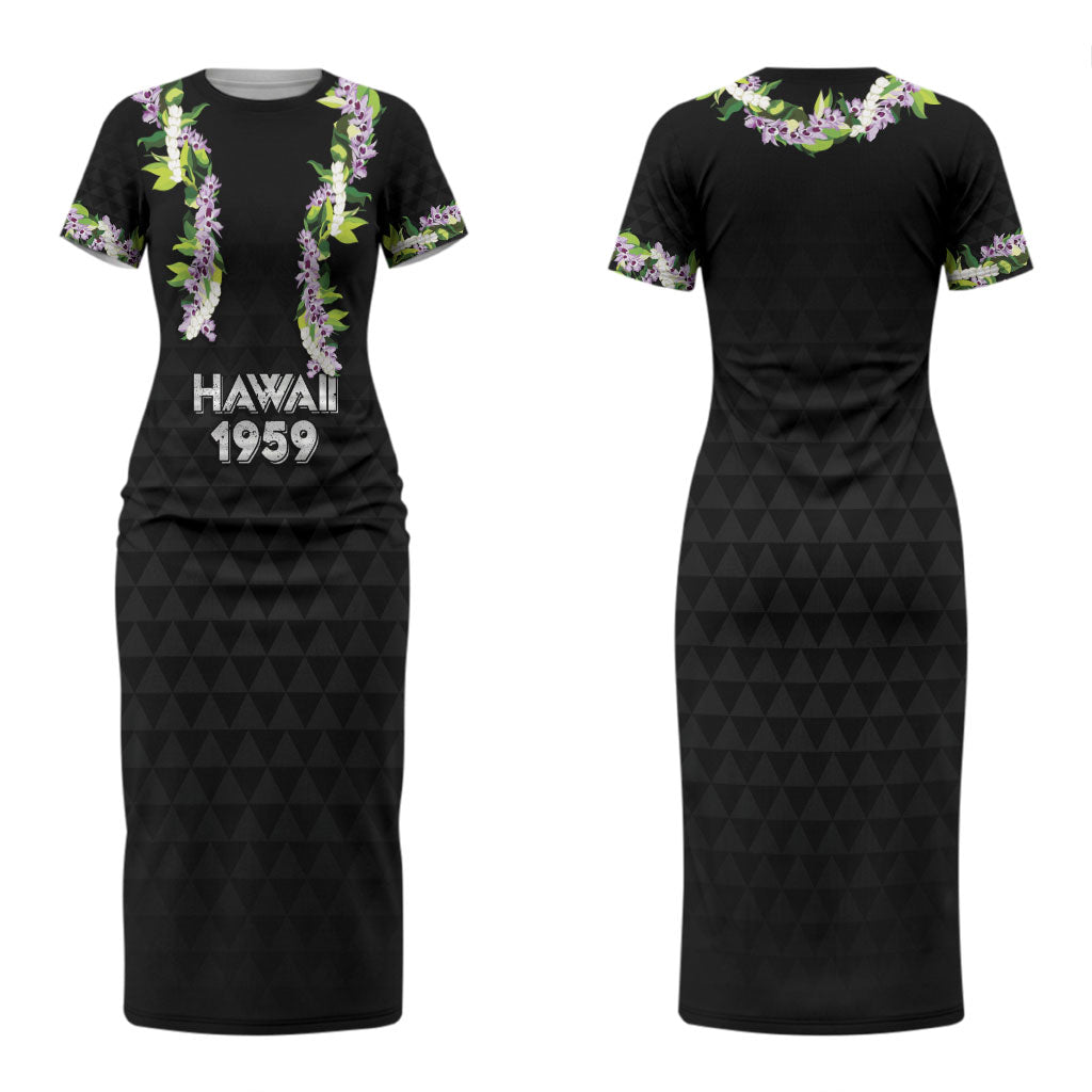 Hawaii Statehood Day Couples Matching Short Sleeve Bodycon Dress and Hawaiian Shirt Kakau Pattern With Maile Pikake Honohono Lei LT05 - Polynesian Pride